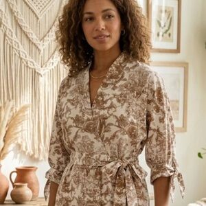 Umgee Cream & Brown Floral Tie-Waist Robe